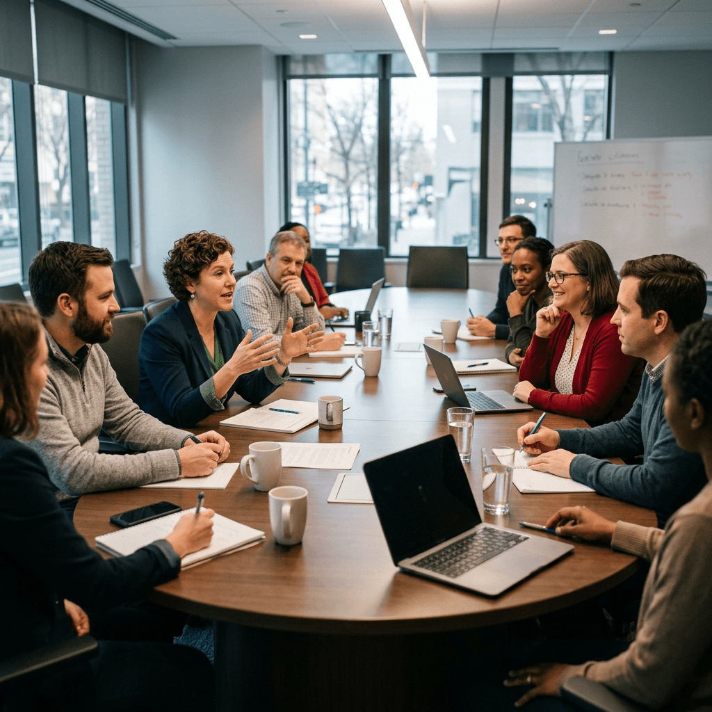 A diverse group of business professionals discussing ideas around a large wooden conference table with notebooks, laptops, and coffee cups.